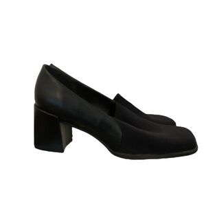 Glacee Vintage Leather Stretch Top Black Oxford Chunky Heels